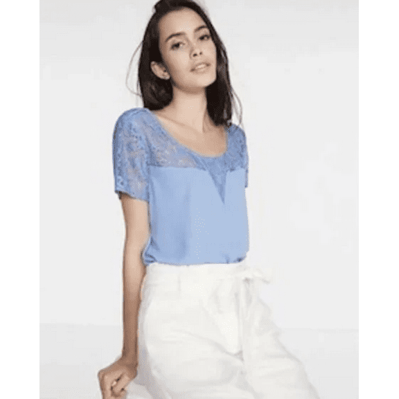 Express Lace Step Hem Crew Neck Top Small Blue