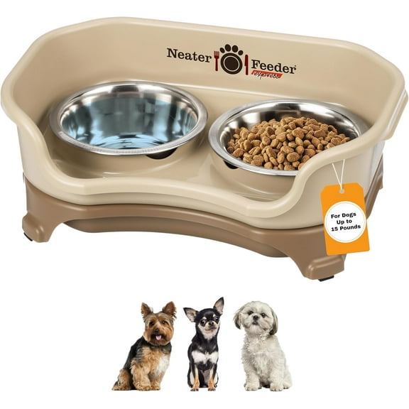 Express Mess Proof Dog Bowls Elevated for Small Breeds under 15 Lb, Made in USA, No Spill Raised Dog Food Bowl Stand, Stainless Steel Food and Water Bowl Set, Feeding Station, Cappuccino