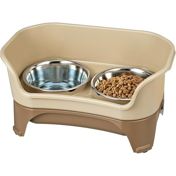 Express Mess Proof Dog Bowls Elevated for Small Breeds under 15 Lb, Made in USA, No Spill Raised Dog Food Bowl Stand, Stainless Steel Food and Water Bowl Set, Feeding Station, Cappuccino