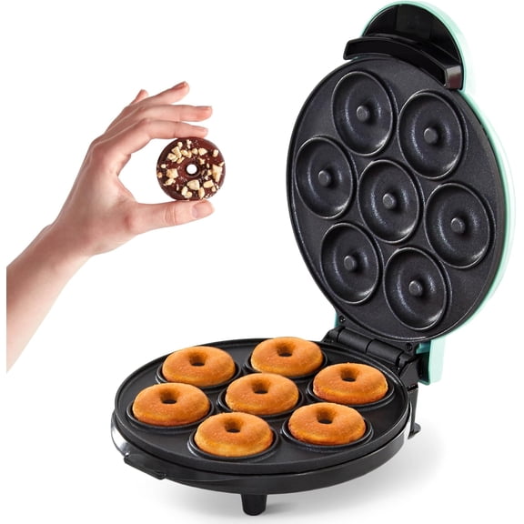 Express Mini Donut Maker - Homemade Dessert Maker - Features Double-Sided, Non-Stick Surface & Space-Saving Design - Makes 7 - Aqua