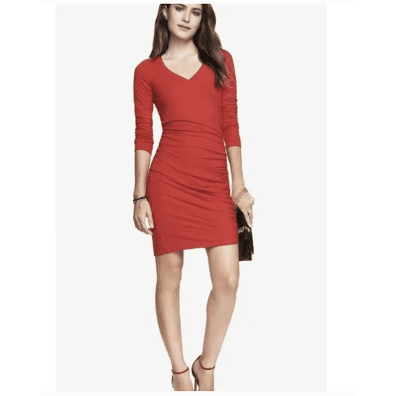 Express Side Ruched Stretch Cotton Dress Dark Red XS