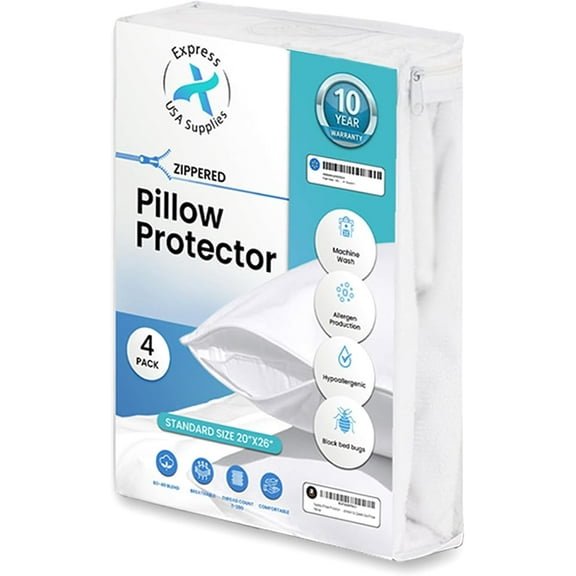 Express USA Supplies Zippered Pillow Protectors, Standard - Hypoallergenic(4 Count)