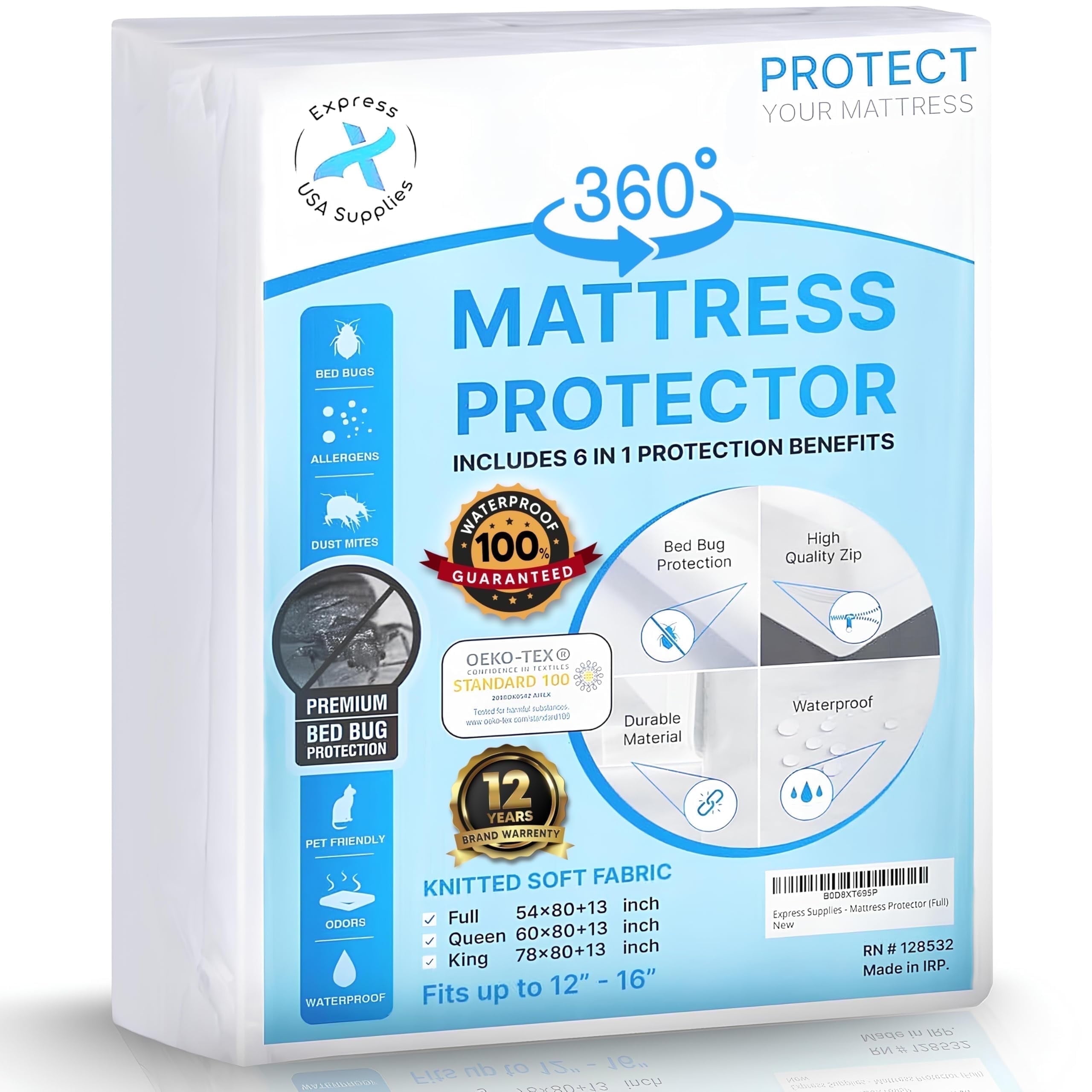 Queen Size Waterproof Hypoallergenic Zippered Mattress Protector