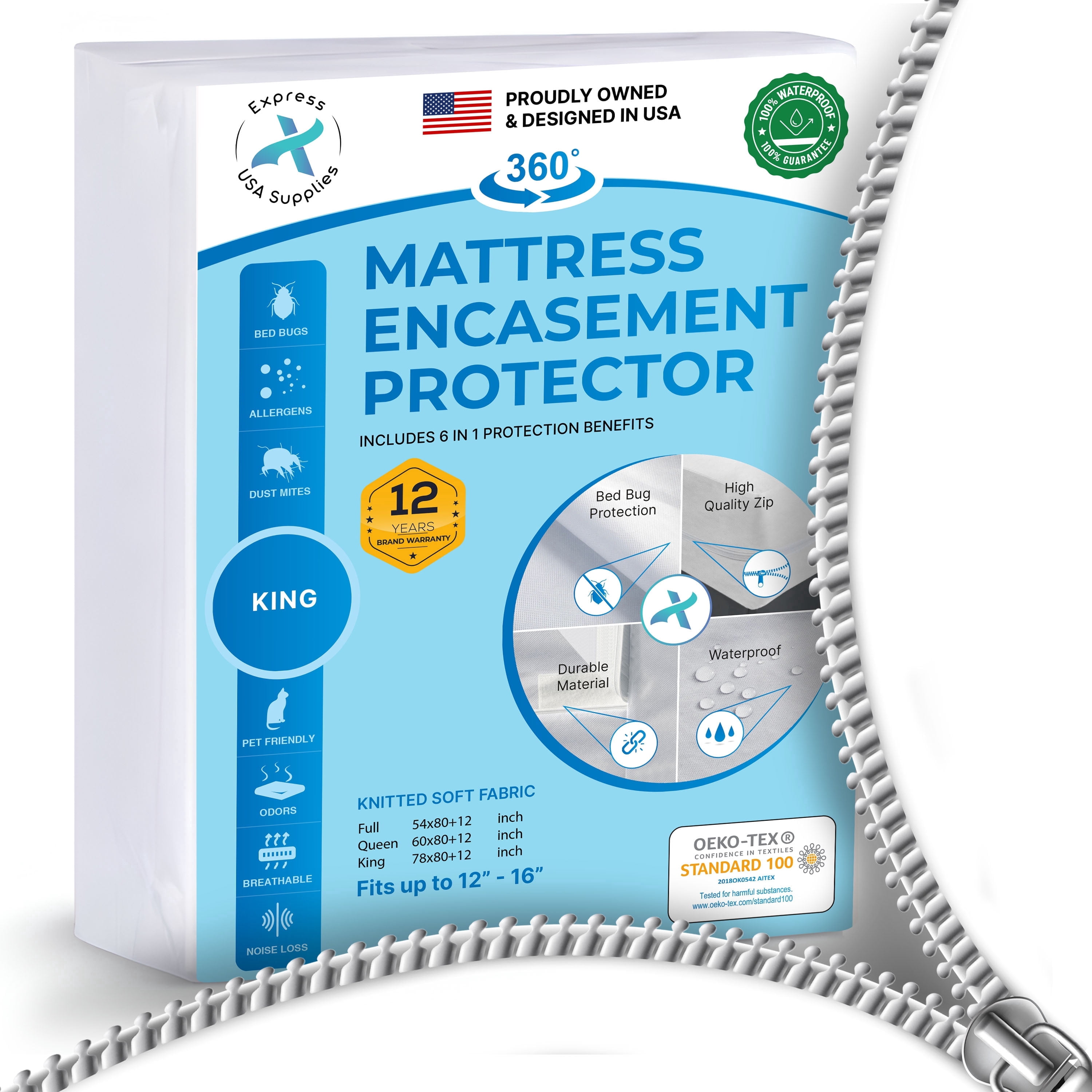 Express USA Supplies Waterproof Zippered Mattress Protector – Queen, 100% Bed Bug & Dust Mite Proof, Hypoallergenic, Noiseless, Fits Up to 16” Deep