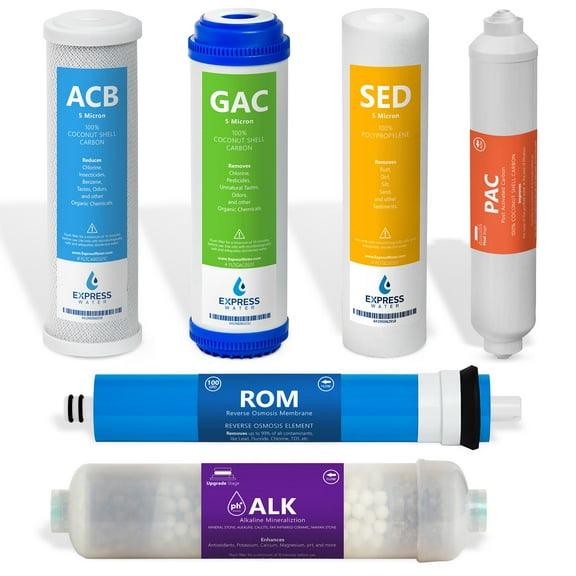 Express Water  1 Year Alkaline Reverse Osmosis System Replacement Filter Set  6 Filters with 100 GPD RO Membrane, Carbon (GAC, ACB, PAC) Filters, Sediment (SED) Filters  10 inch Size Water Filters