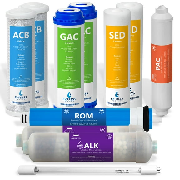Express Water  1 Year Alkaline Ultraviolet Reverse Osmosis System Replacement Filter Set  11 Filters with UV and 100 GPD RO Membrane  10 inch Size Water Filters
