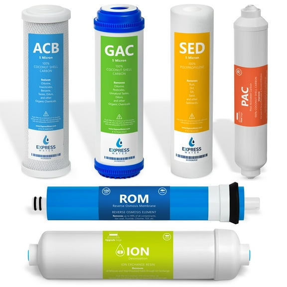 Express Water 6 Month Deionization Reverse Osmosis System Replacement Filter Set 6 Filters with 100 GPD RO Membrane 10 inch Size Water Filters
