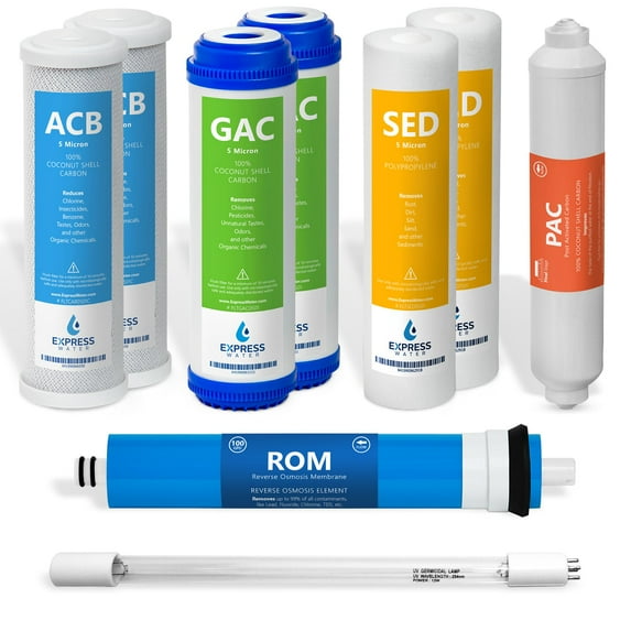 Express Water 1 Year Ultraviolet Reverse Osmosis System Replacement Filter Set 9 Filters with 100 GPD RO Membrane 10 inch Size Water Filters