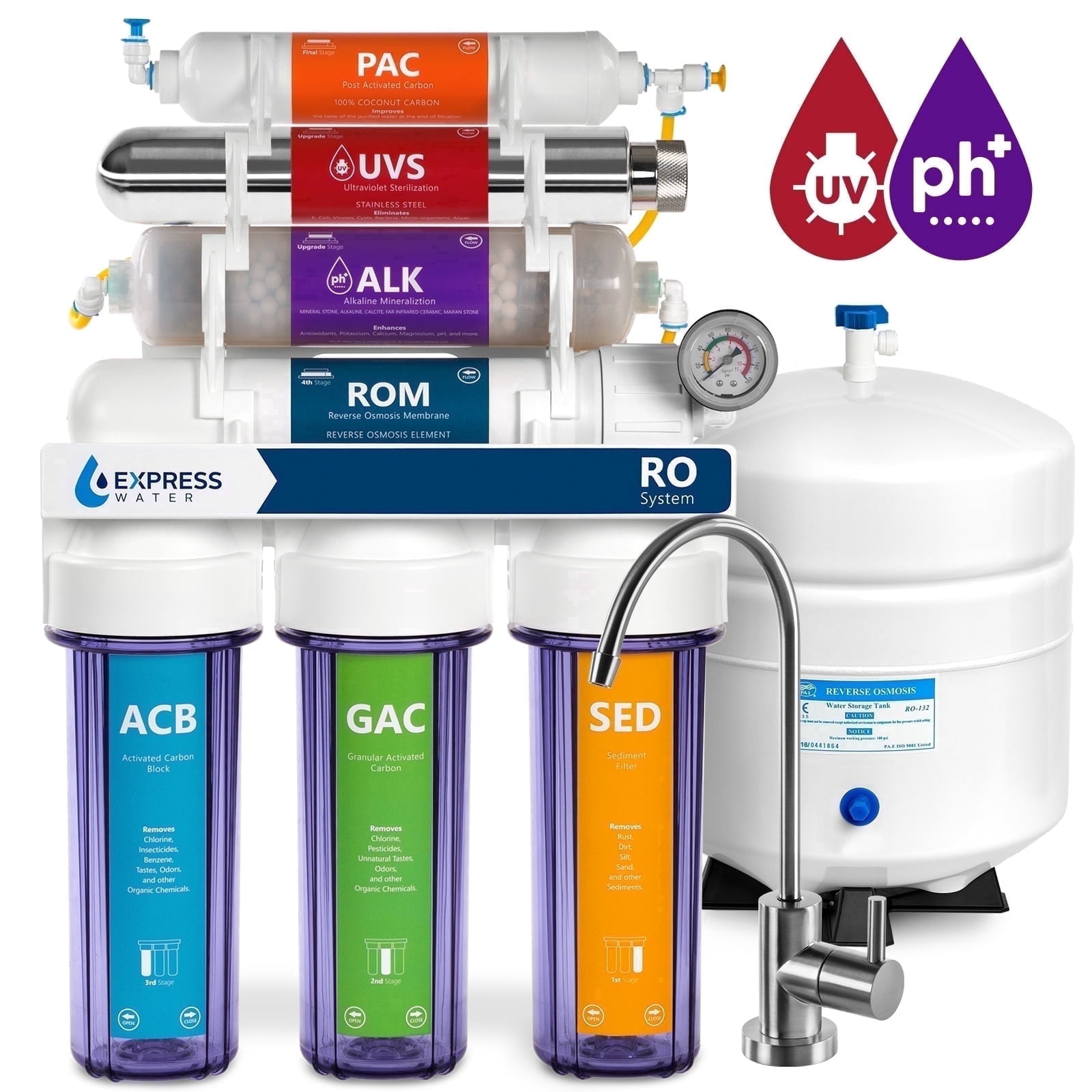 Express Water 11 Stage UV Ultraviolet + Alkaline + Reverse Osmosis Home Drinking Water Filtration System 100 GPD RO Membrane Filter - Modern Faucet - Clear Housing - Pressure Gauge