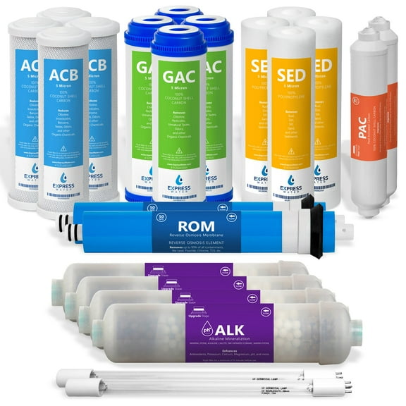 Express Water 2 Year Reverse Osmosis System Filter Set 22 Filters with 50 GPD RO Membrane Carbon GAC ACB PAC Sediment SED Alkaline and UV Filters 10 inch Size Replacement Water Filters