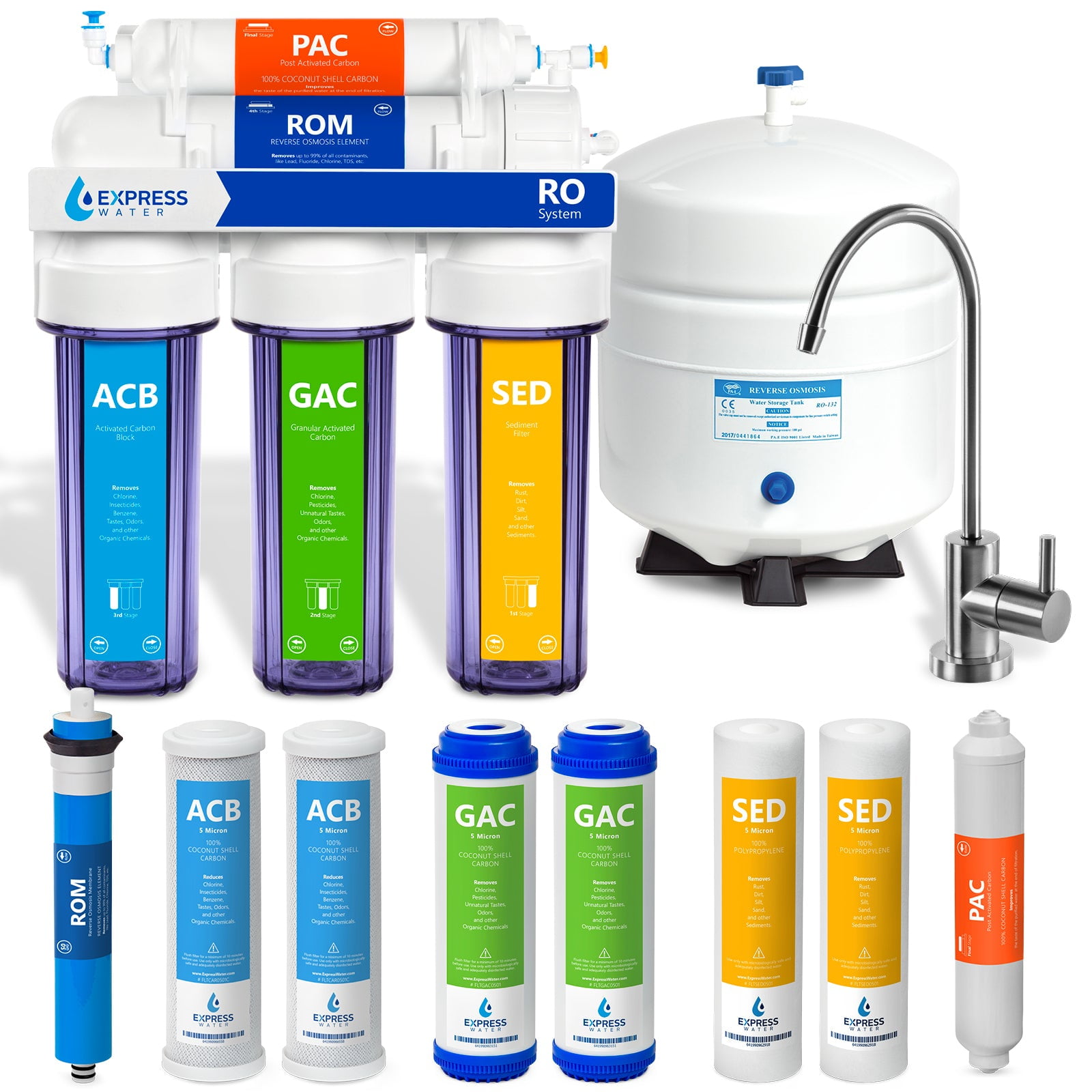 Express Water 5 Stage Under Sink Reverse Osmosis Water Filtration System 50 GPD RO Membrane Filter Modern Chrome Faucet Ultra Safe Residential Home Drinking Water Purification Extra Set of 4 Filter