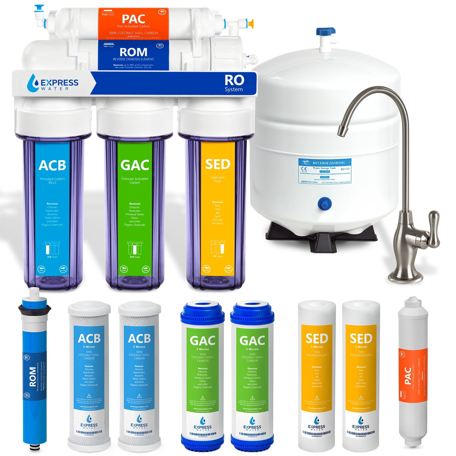 Express Water 5-Stage Under Sink Reverse Osmosis RO Drinking Water Filter System, Clear, 50 GPD, Brushed Nickel (Deluxe)