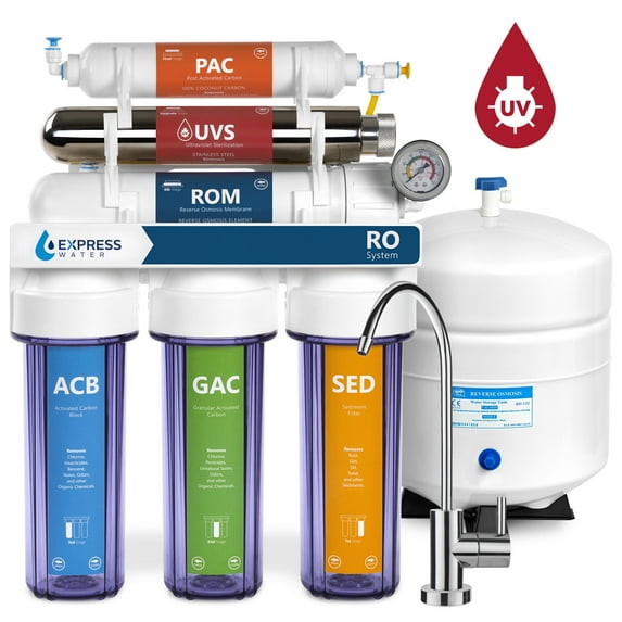Express Water 6 Stage UV Ultraviolet Reverse Osmosis Filtration System 100 GPD RO Membrane Filter Clear Housing Pressure Gauge Modern Faucet Residential Under Sink Purifier Light Sterilizer ROUV10MCG