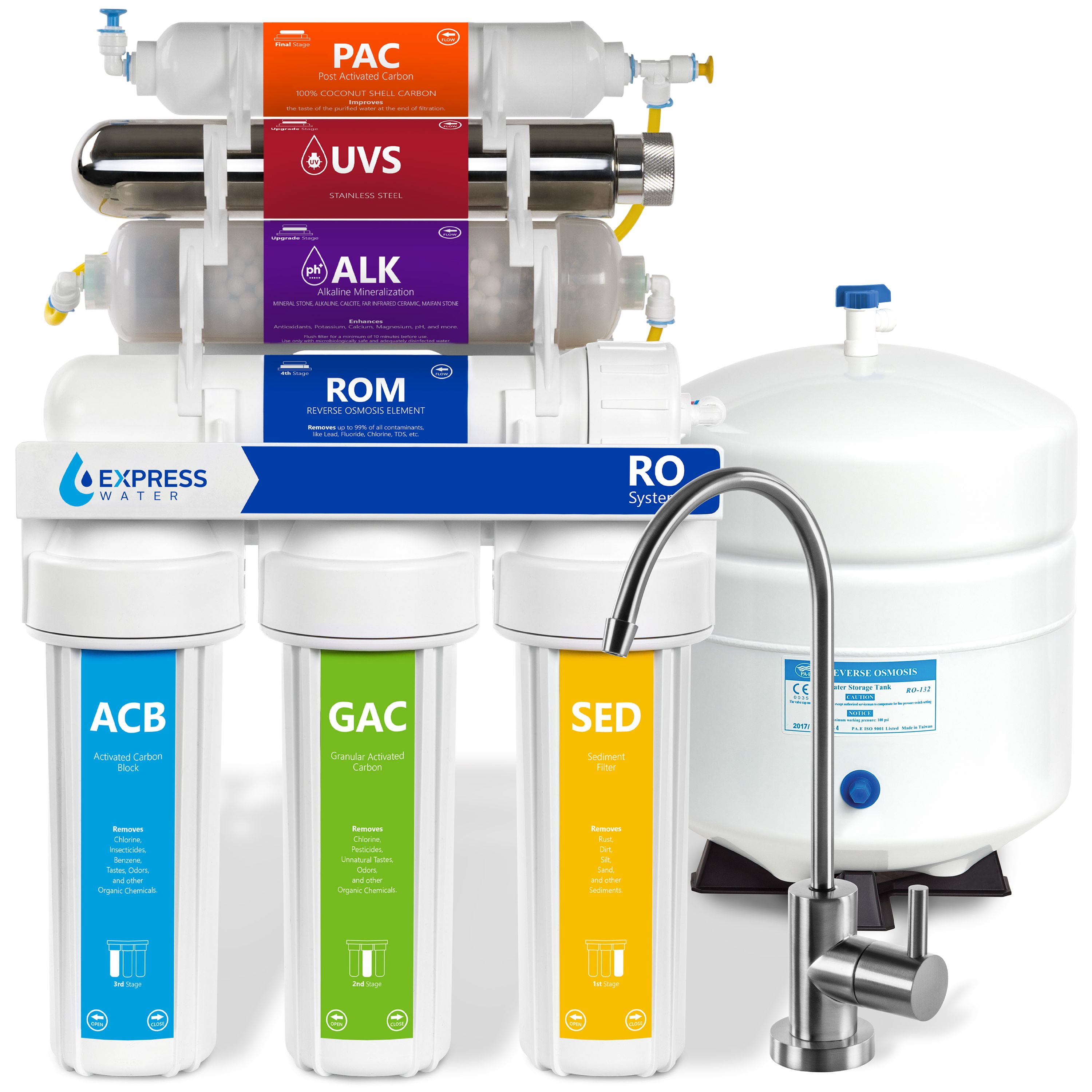 Express Water Alkaline Ultraviolet Reverse Osmosis Water Filtration System - 11 Stage RO UV Mineralizing Alkaline Purifier with Faucet and Tank - Under Sink Filter Mineral, pH + Antioxidant - 100 GPD