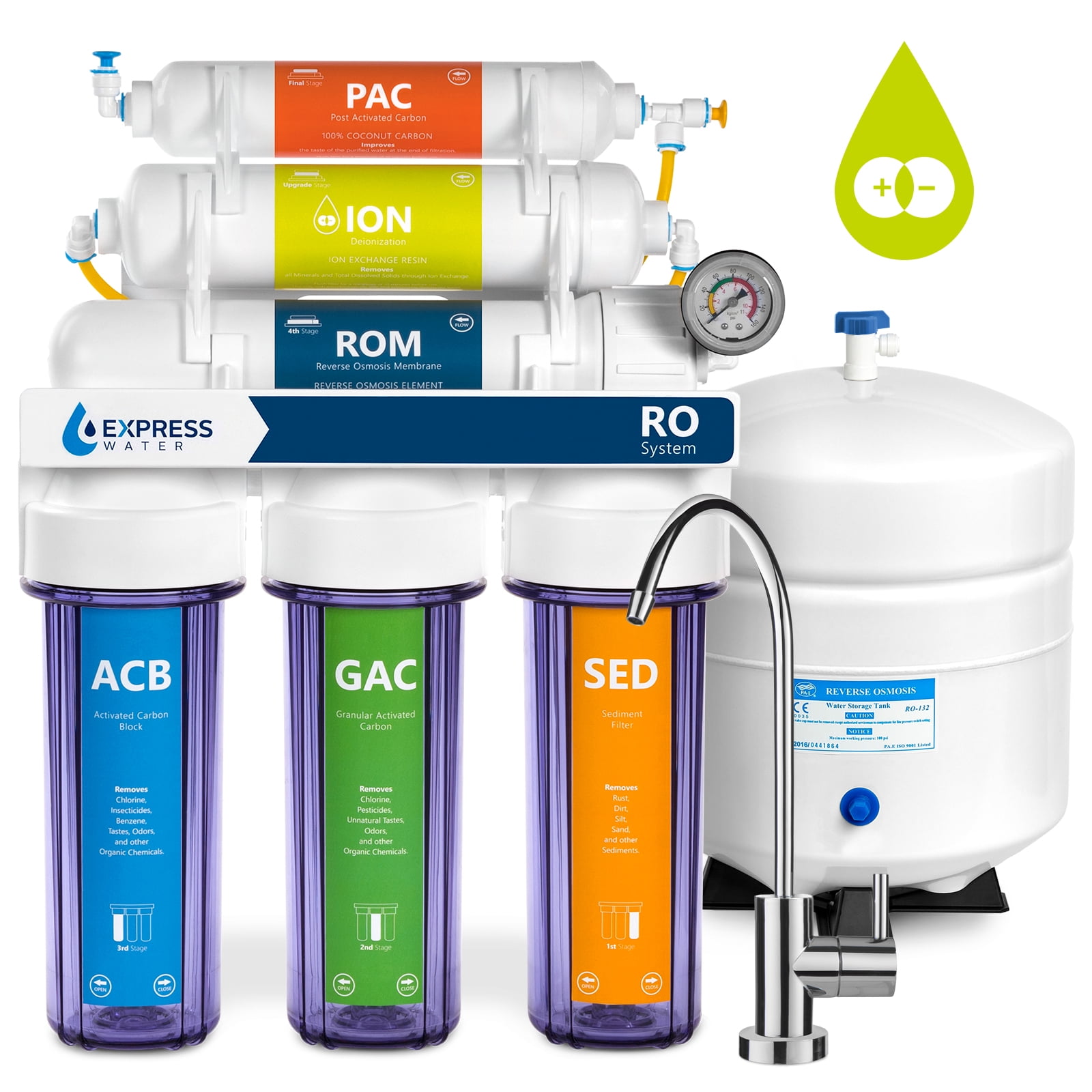 Express Water Deionization Reverse Osmosis Water Filtration System - 6 Stage RO DI Water Filter with Modern Brushed Nickel Faucet and Tank - Distilled Pure - Under Sink Home Water Softener - 100 GPD