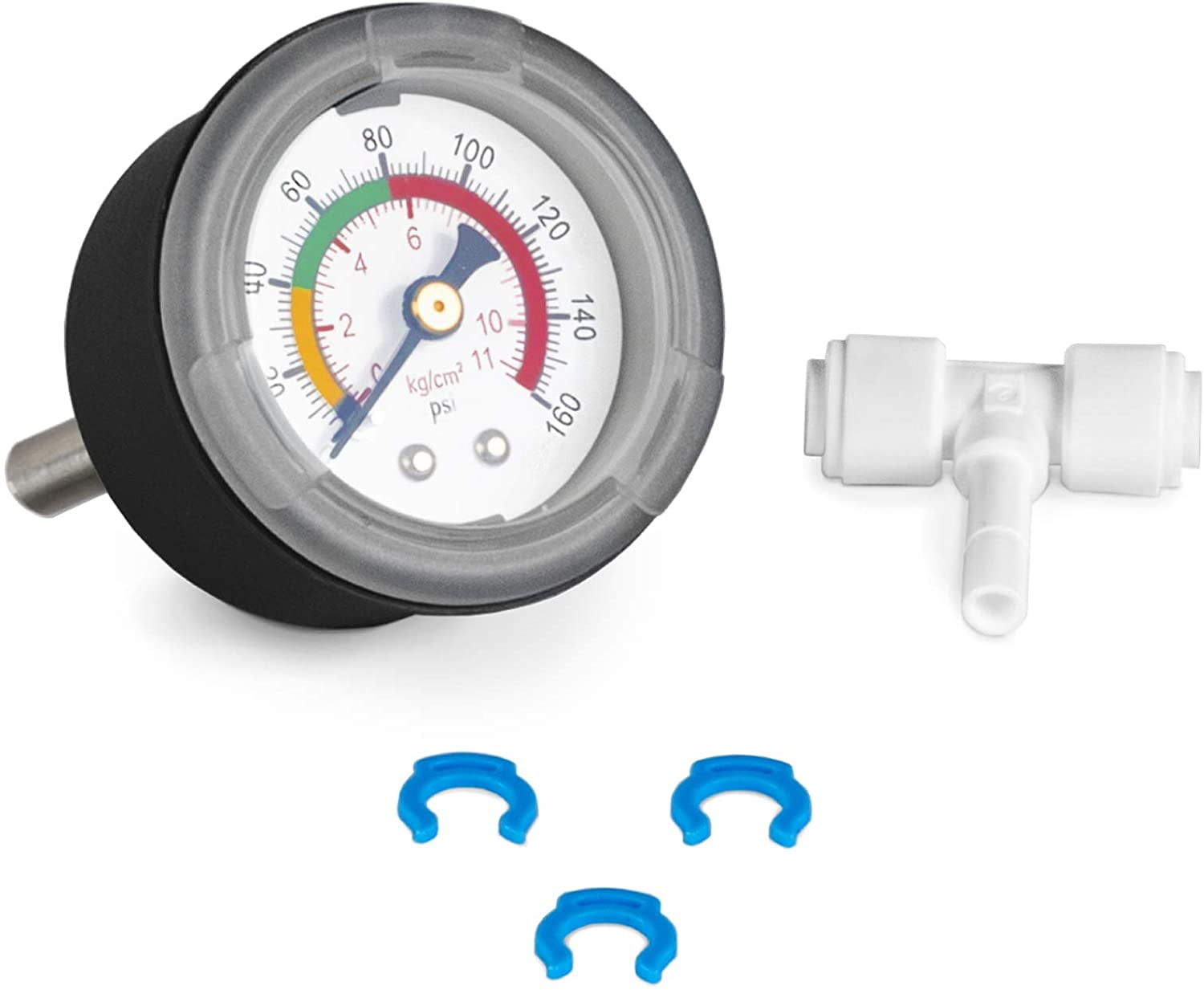 160 PSI Black and White Water Pressure Gauge with T-Stem Adapter