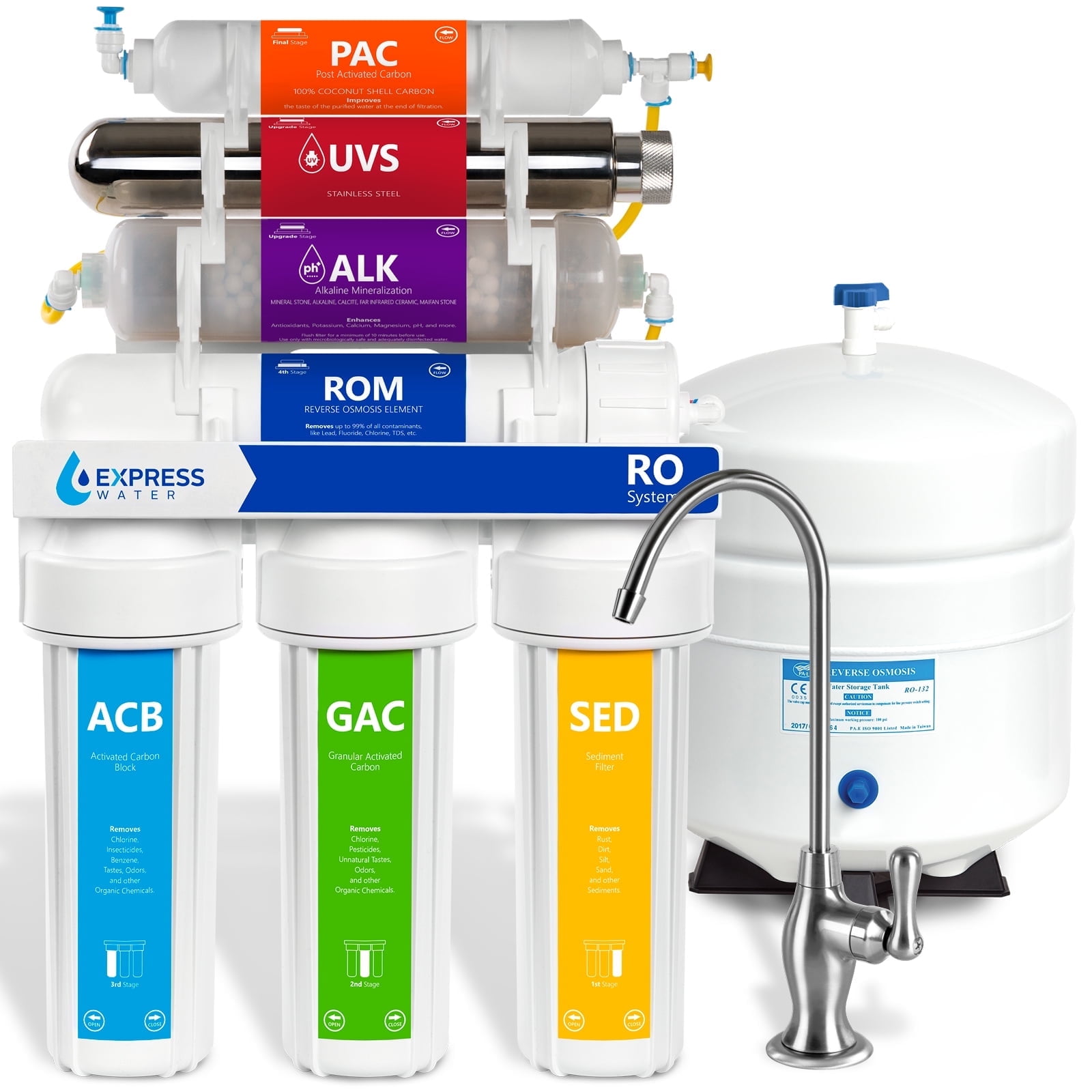 Express Water UV Reverse Osmosis Water Filtration System 11 Stage UV Water Filter Deluxe Chrome Faucet & Tank Under Sink Water Filter with Alkaline Filter for added Essential Minerals 100 GDP