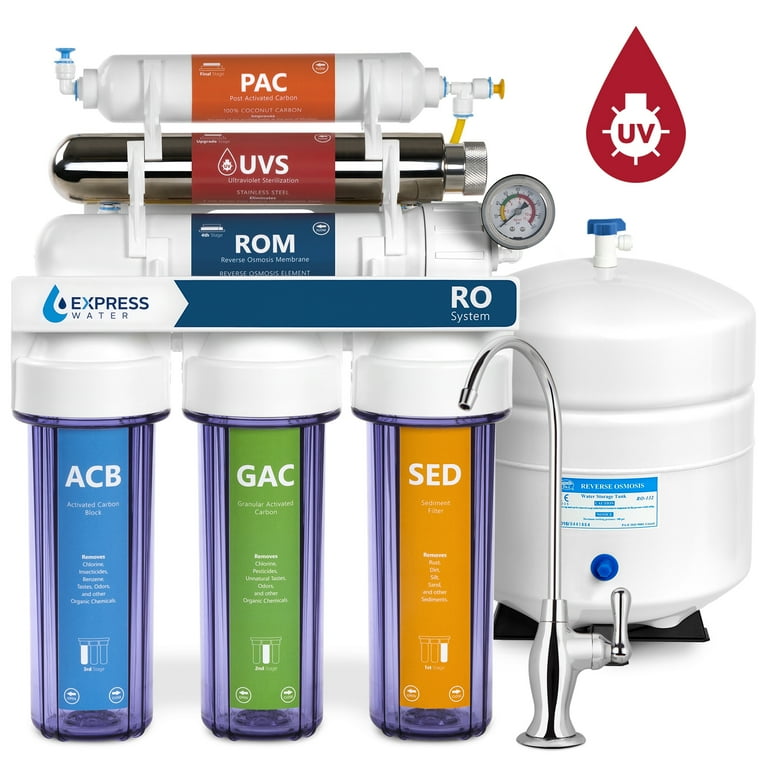 Ultraviolet Under Sink Reverse Osmosis Water Filtration - 6 Stage UV w/ Faucet and Tank - 100 GPD w/ Clear Housing Ultraviolet Under Sink Reverse Osmosis Water Filtration - 6 Stage UV w/ Faucet and Tank - 100 GPD w/ Clear Housing