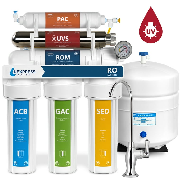 Ultraviolet Under Sink Reverse Osmosis Water Filtration - 6 Stage UV Sterilizer - Faucet and Tank - 100 GPD w/ Gauge