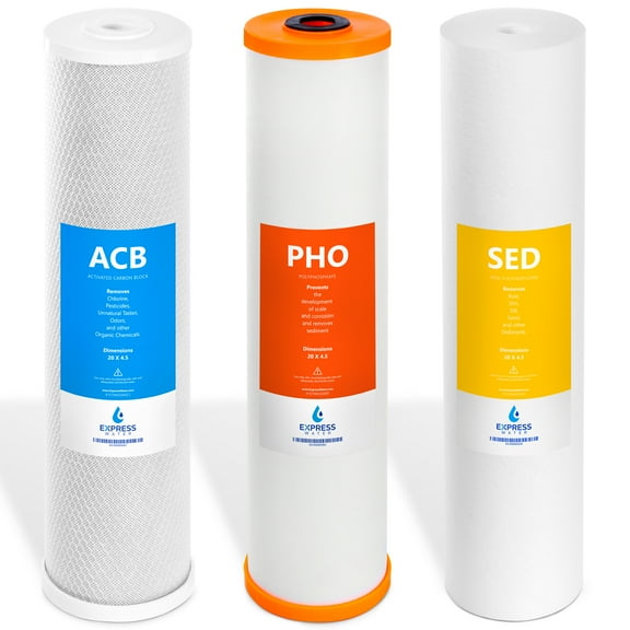 Express Water Whole House Anti Scale Filter Set 3 Stage Filtration Water Conditioner Replacement Kit Sediment, Carbon Block, Polyphosphate High Capacity Cartridge 5 Micron 4.5 x 20 inch