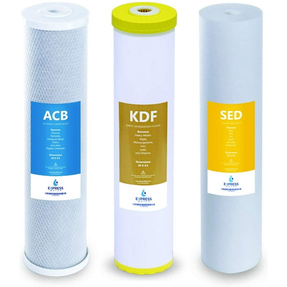 Express Water – Whole House Heavy Metal Water Filter Set – 3 Stage Filtration Replacement Kit – Sediment, Carbon Block, KDF High Capacity Cartridge – 5 Micron – 4.5” x 20” inch