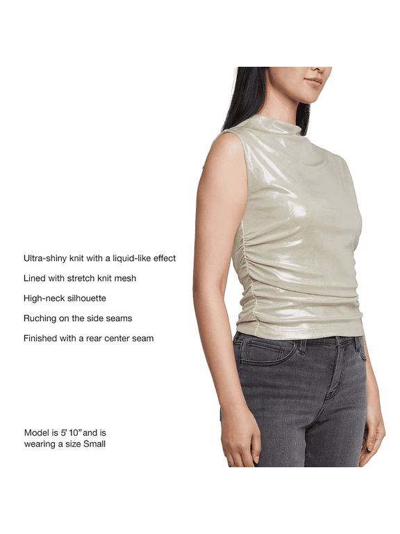 Women's Mock Neck Ultra-Shiny Knit Ruched Tank Top, Small