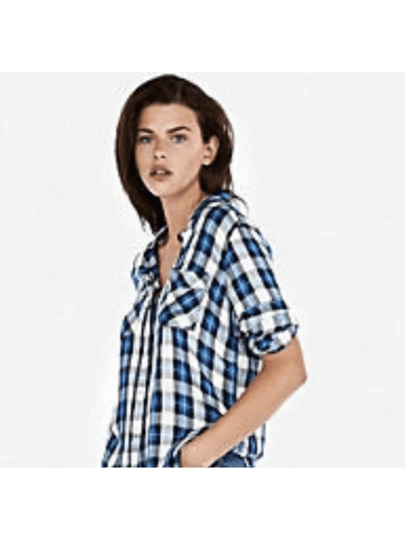 Women's Plaid Waist Tie Soft Blouse Shirt Large