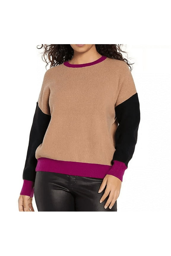 Women's Relaxed Sweater (Tan/Black/Fuchsia, XS)