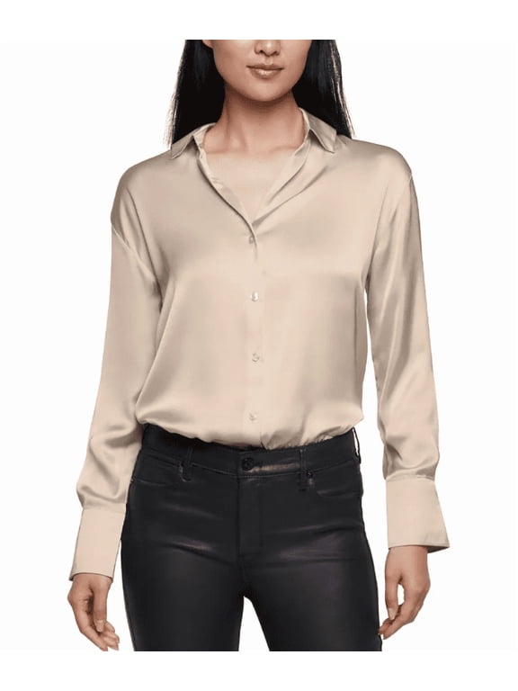 Women's Satin Button Down Shirt Cream Small