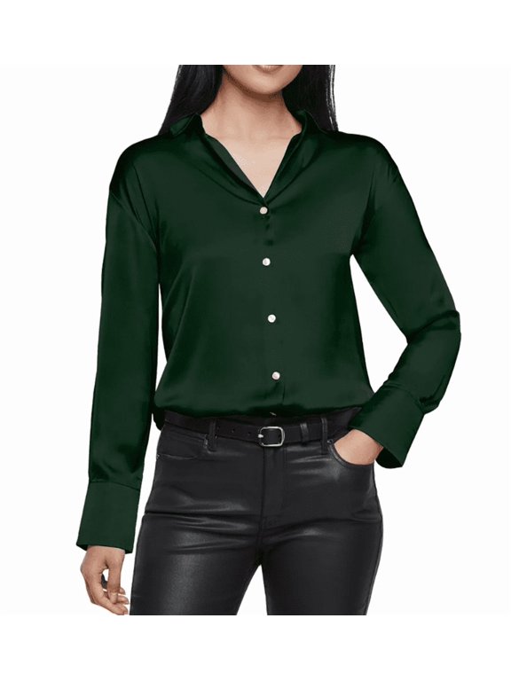 Women's Satin Button Down Shirt Green Small