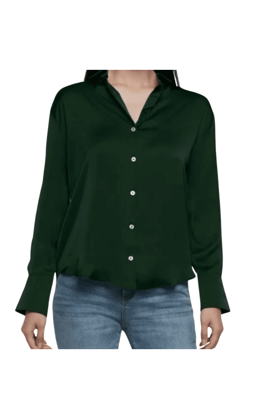 Womens Satin Button Front Blouse, Green, XL