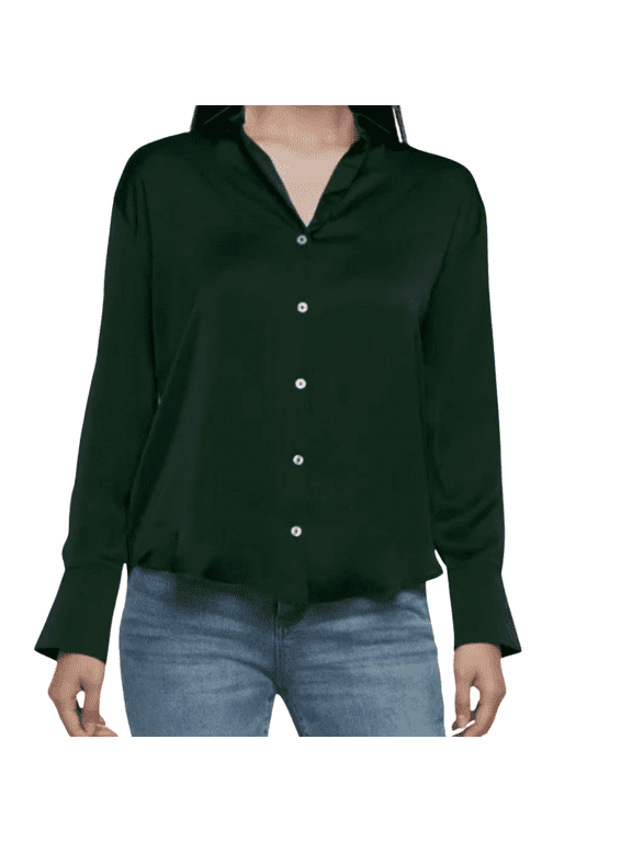 Womens Satin Button Front Blouse, Green, XL