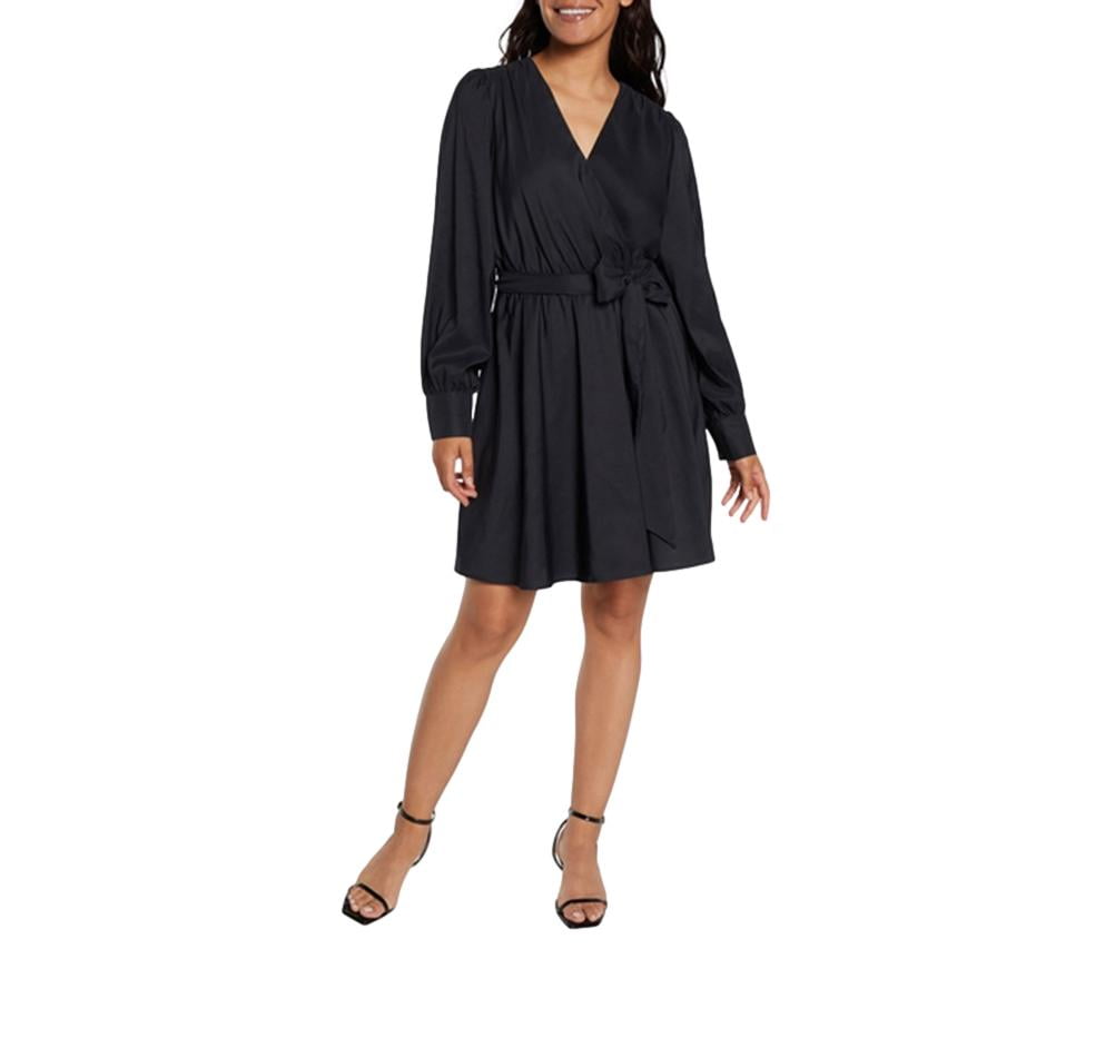 long sleeve wrap dress express Crepe Crew Neck Long Sleeve Tie Wrap Mini Sheath Dress