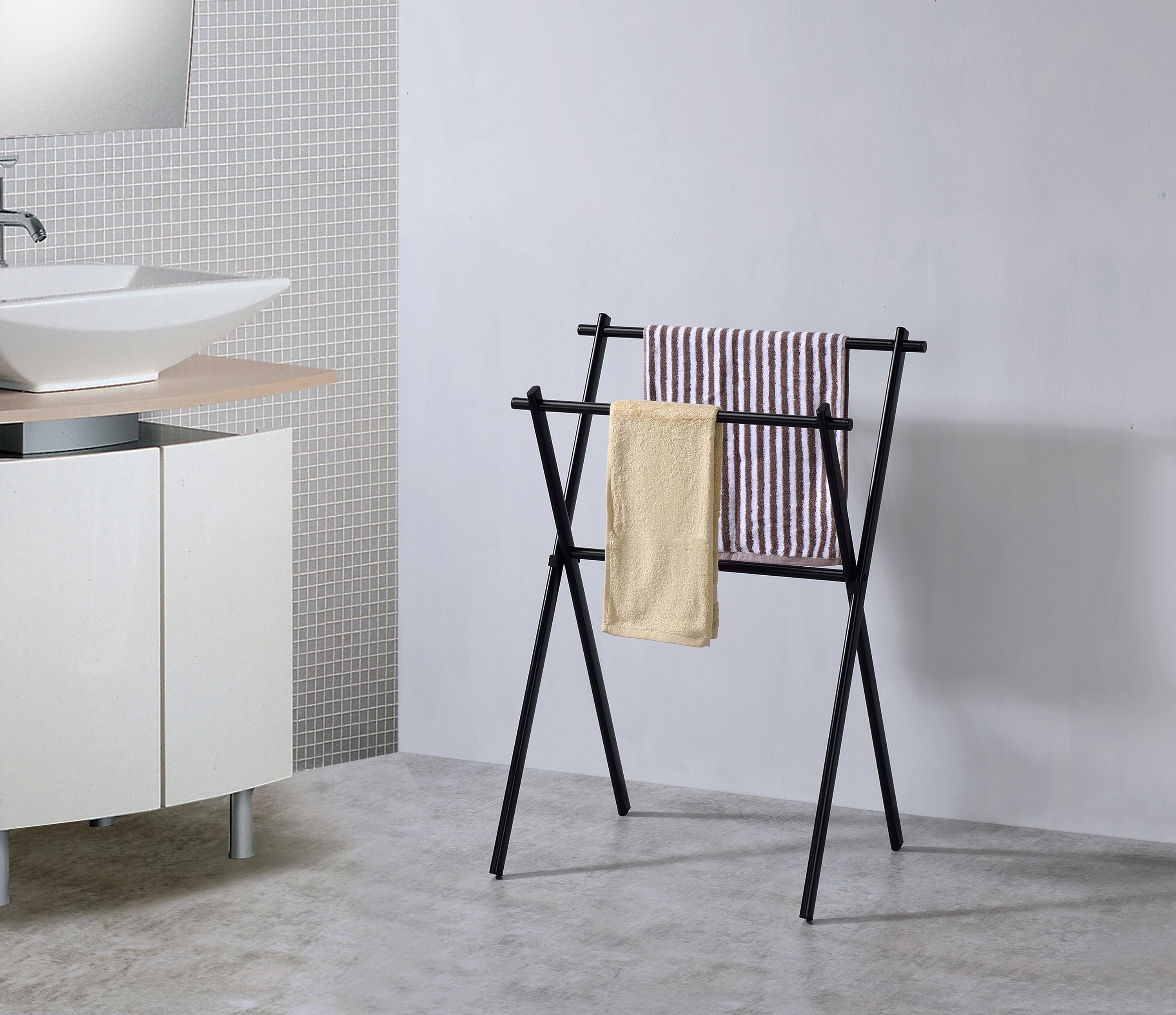 Expression Double Freestanding Bathroom Towel Rack Stand Black Metal Expression double freestanding bathroom towel rack stand black metal