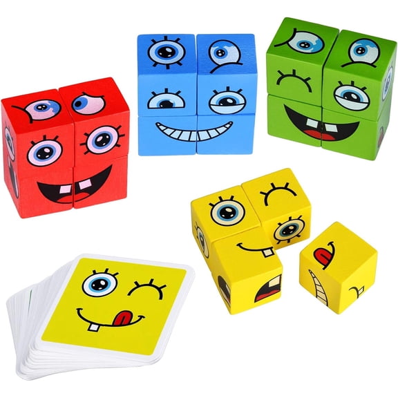 Expression Puzzle Blocks, Eco-Friendly Wood, 4 Colors, 64 Cartoon Emoticons