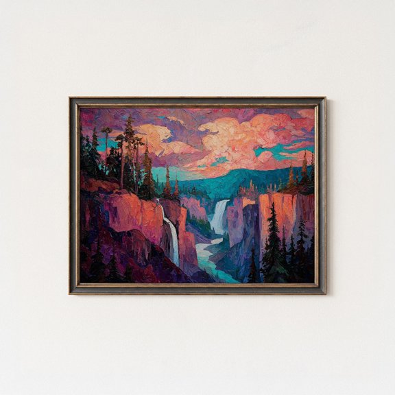 Expressionist Canyon Waterfall Colorful Fauvist Landscape Wall Art Elegant Home Decor