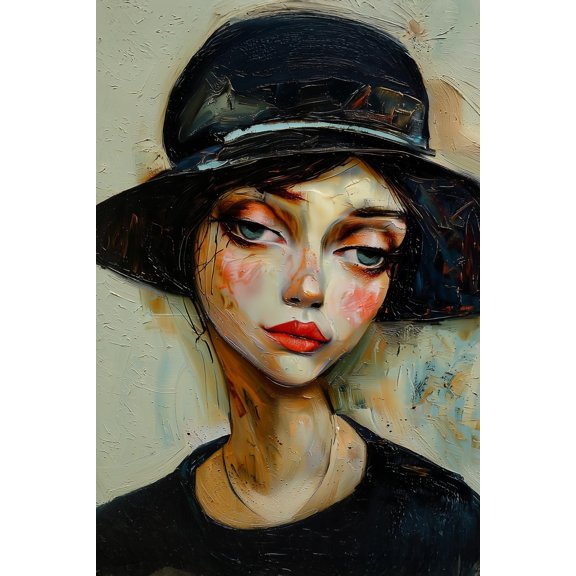 Expressionist Woman in Black Hat Poster – Bold Beauty & Attitude | Perfect Gift 【Rolled Canvas】