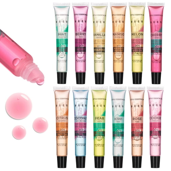 Expressions 12pc Girl Boss Lip Gloss Collection - Clear Lip Gloss Pack with Essential Oils, 12 Assorted Flavored Lip Gloss Tubes, Hydrating Lip Balm, Vitamin Oil Enriched Lip Glosses, Lip Glow
