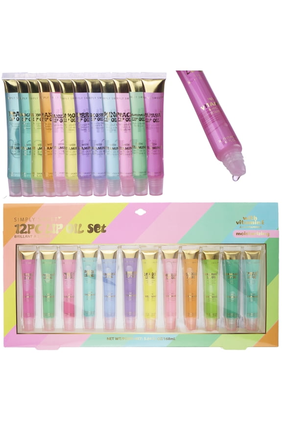 12pc Lip Oil Set - Flavored Lip Oils Value Pack, Hydrating Lip Oils w/ Squeeze Tube Application, Moisturizing Lip Oil Collection for Everyday Lip Care and Lip Repair (RAINBOW)
