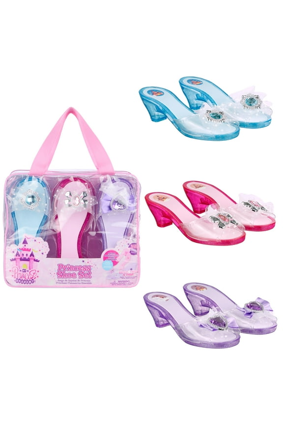 3-Pack Premium Princess Shoes Set - 1" Heel Slip On Princess Dress Up Shoes For Little Girls, Durable Pairs of Slip-On Sandal Heels For Kids - Fits Toddler Size 7-10