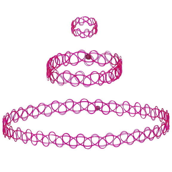 Expressions 3pc Assorted Tattoo Stretch Jewelry Collection - Pink Tattoo Choker Necklace, Bracelet & Ring Set