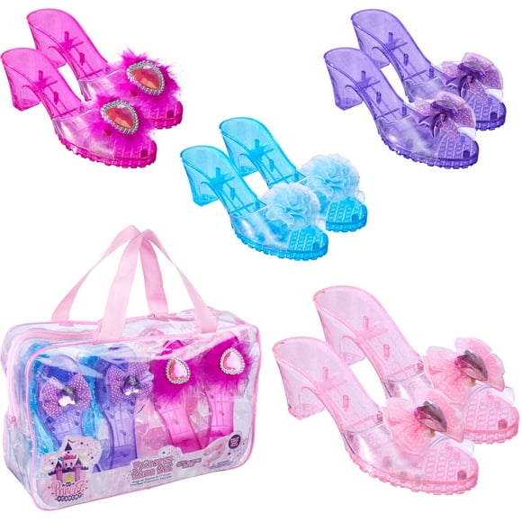 4-Pack Premium Princess Shoes Set - 1.75" Heel Slip On Princess Dress Up Shoes For Little Girls, Durable Pairs of Slip-On Sandal Heels For Kids - Fits Toddler Size 7-10