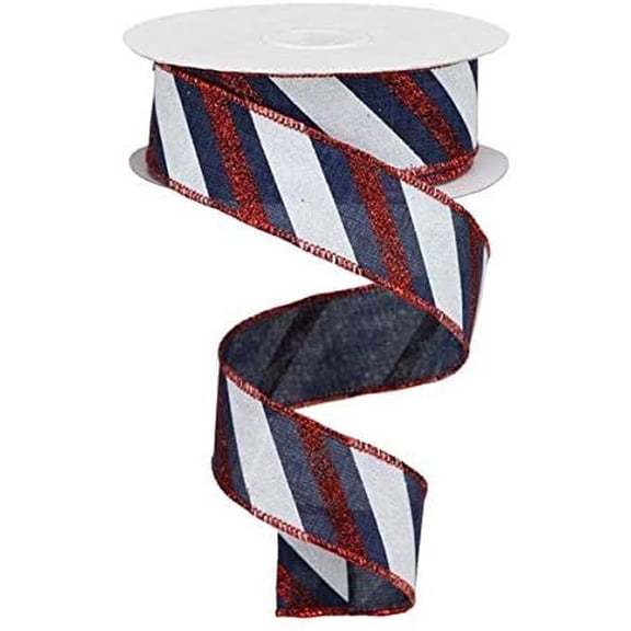Expressions 4th of July Wired Ribbon: Navy Blue White and Red Glitter Diagonal Stripes 1.5" X 10 Yards