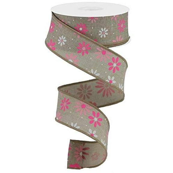 Expressions Burlap Pink White Daisy Flower Spring Wired Ribbon: 1.5 Inches X 10 Yards