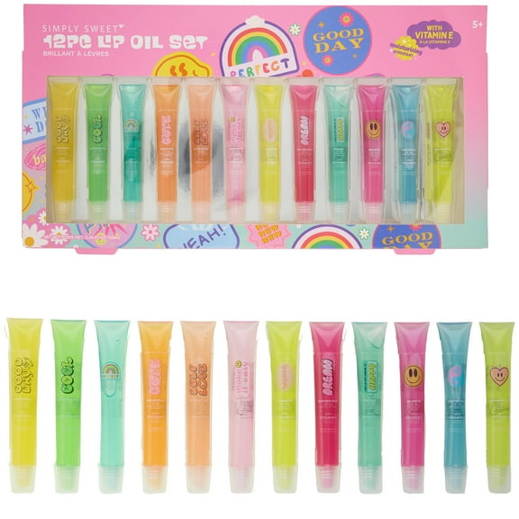 Expressions Girl Simply Sweet 12pc Lip Oil Set Hydrating Lip Care with Vitamin E | Fruit Flavored Lip Gloss For Girls, Safe and Non-Toxic Lip Gloss Gift Set For Girls