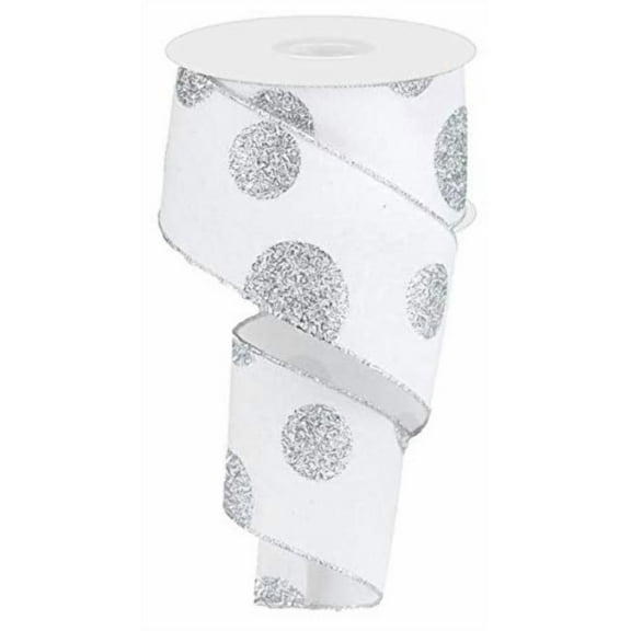 Expressions Polka Dot Glitter Ribbon: White and Silver 2.5" X 100 Feet (33.3 Yards)