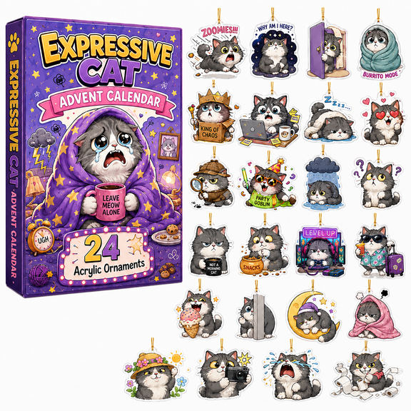 Expressive Cat Advent Calendar 2026, 24 Pcs Funny MemeStyle Cat Acrylic Hanging Ornaments, Christmas 24Day Countdown Collectible Surprise Gift for Cat Lovers