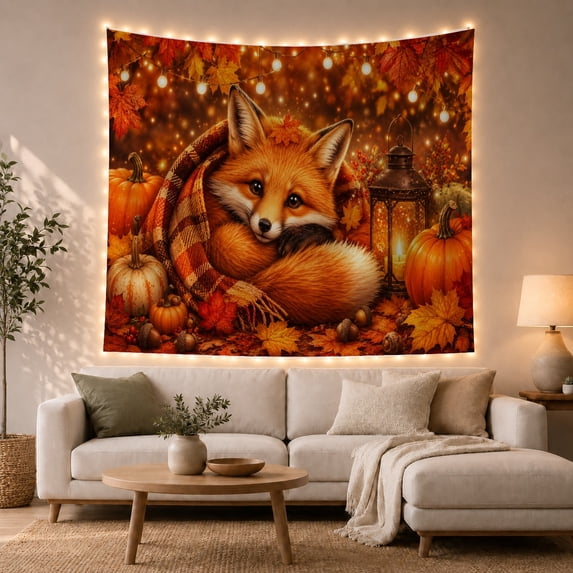 Expressive Fox Nestled With Autumnal Setting, Mystical Fantasy for Space Lovers, Galaxy Room Decor Room Accent, Halloween Gift, Tapestry Wall Hanging for Bedroom and Dorm