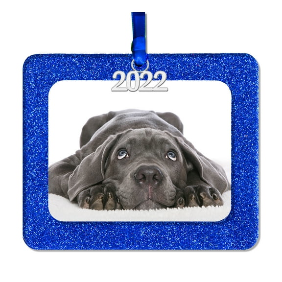 Expressly Yours! 2022 Picture Frame Christmas Ornament with Magnetic Glitter and Non-Glare Photo Protector, Horizontal Blue