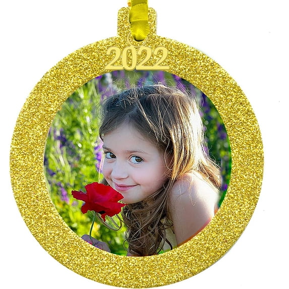 Expressly Yours! 2022 Picture Frame Christmas Ornament with Magnetic Glitter and Non-Glare Photo Protector, Round Gold